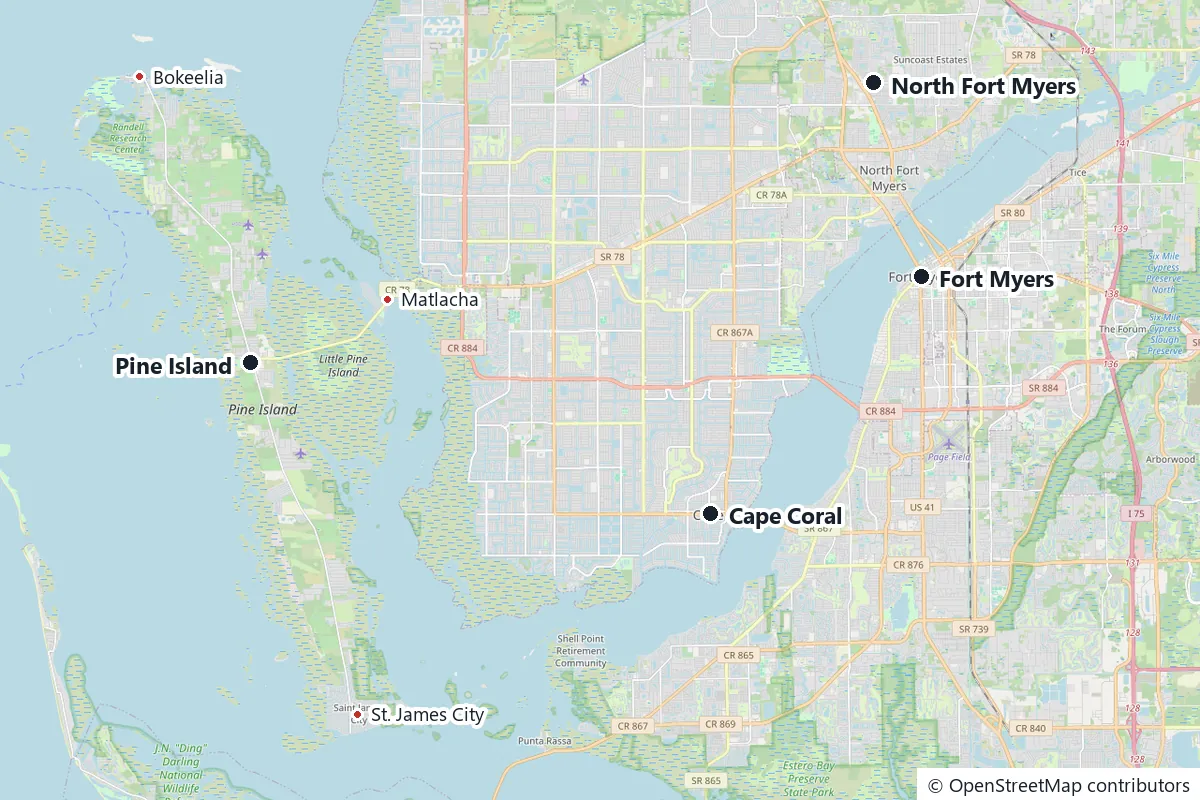 Map of Cape Coral with Fort Myers and North Fort Myers across the river and Pine Island, Matlacha, Bokeelia and St. James City to the west